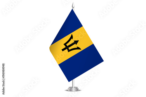 Barbados flag - wavy stick flag of country, cultural identity and heritage. Represents national pride and unity. Vector table flag hanged on the short hoist. Isolated on white background