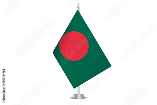Bangladesh flag - wavy stick flag of country, cultural identity and heritage. Represents national pride and unity. Vector table flag hanged on the short hoist. Isolated on white background