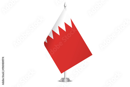 Bahrain flag - wavy stick flag of country, cultural identity and heritage. Represents national pride and unity. Vector table flag hanged on the short hoist. Isolated on white background