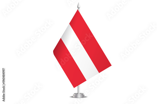 Austria flag - wavy stick flag of country, cultural identity and heritage. Represents national pride and unity. Vector table flag hanged on the short hoist. Isolated on white background