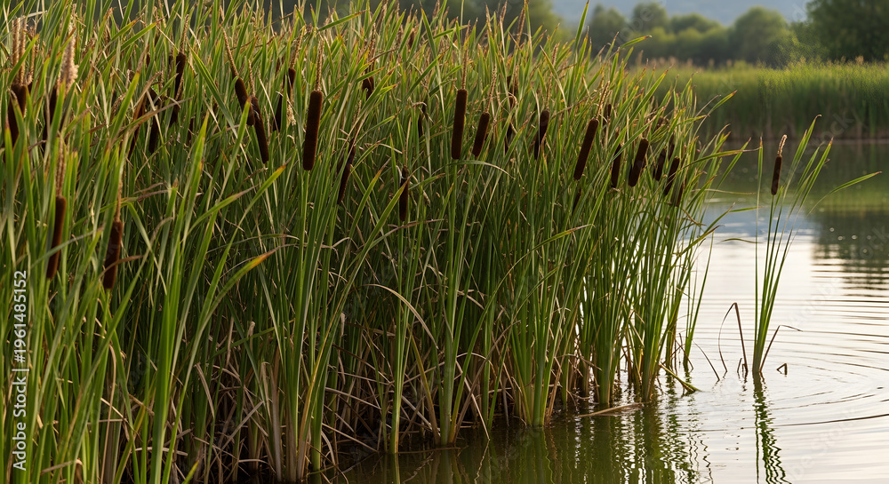 Obraz premium Lakeside Reeds: A captivating view of lush reeds gracefully thriving along the edge of a serene lake, reflecting the tranquil beauty of the waters.