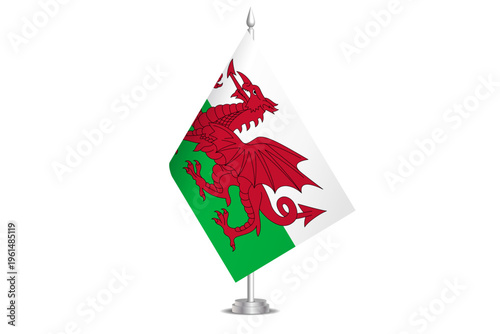 Wales flag - wavy stick flag of country, cultural identity and heritage. Represents national pride and unity. Vector table flag hanged on the short hoist. Isolated on white background
