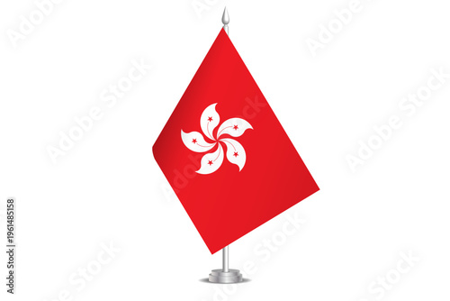 Hong Kong flag - wavy stick flag of country, cultural identity and heritage. Represents national pride and unity. Vector table flag hanged on the short hoist. Isolated on white background
