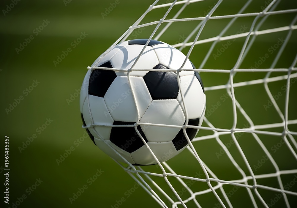 Fototapeta premium Classic Soccer Ball Caught in the Goal Net. Generative Ai