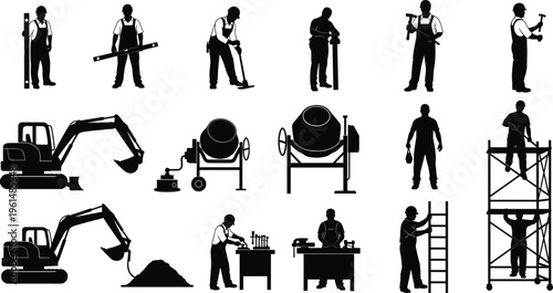 Collection of construction worker silhouettes and heavy machinery icons including excavator cement mixer and scaffolding isolated on white background for industrial design