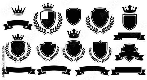 Collection of black heraldic crests and banners.