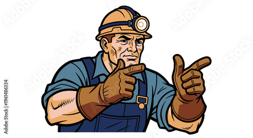 Cartoon miner pointing to the side.