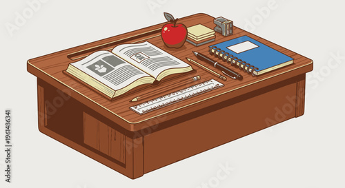 Brown wooden desk with school supplies.
