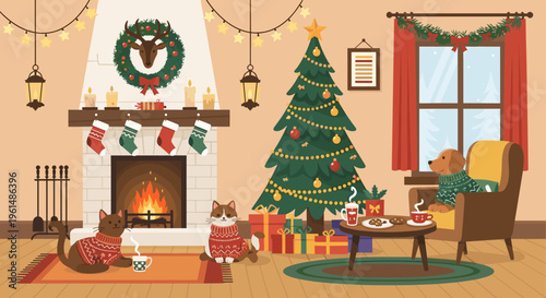 A cozy living room decorated for Christmas with a tree and fireplace.