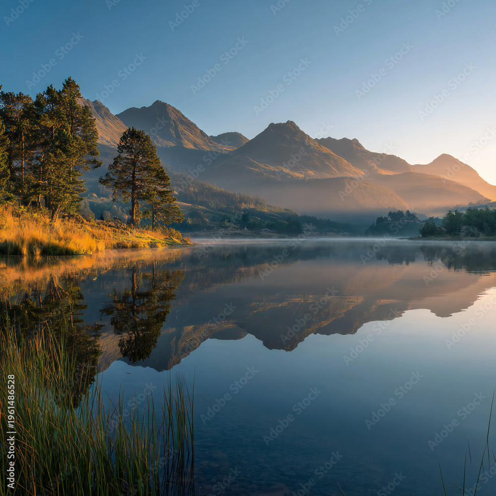 Fototapeta premium Serene calm lake reflection at sunrise with misty mountains and serene landscape