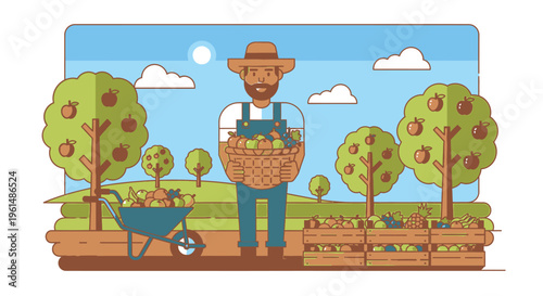 Man in overalls holding basket apples.
