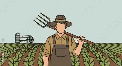 Man in overalls holding pitchfork outdoors.