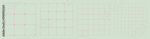 Square grid collection rounded cell geometry, four samples blueprint style. Smooth junction lattice structure, interface layouts editorial compositions planning sheets dashboards digital technology. 