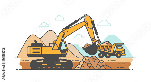 Yellow excavator digging into ground.