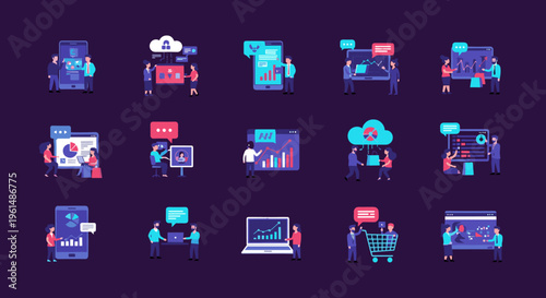 Collection of modern technology and business icons.