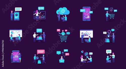 Collection of modern office work icons.