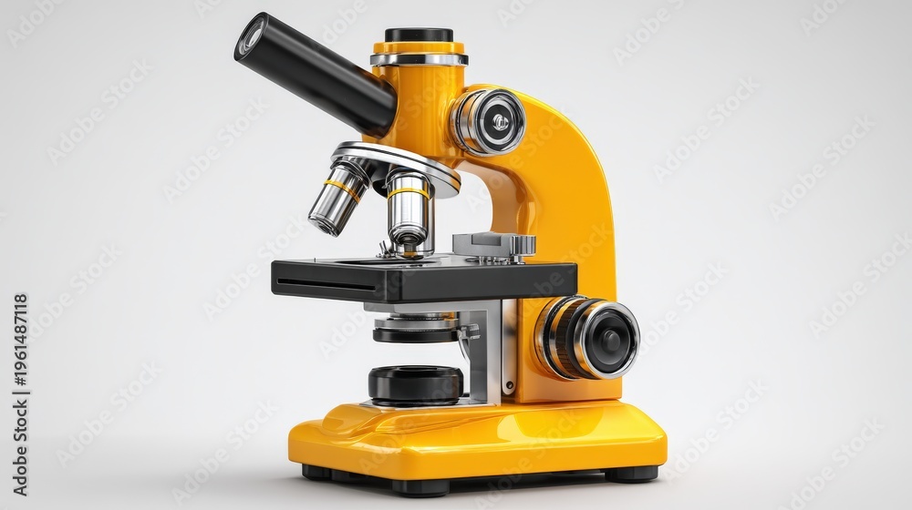 Fototapeta premium 3d yellow microscope with sharp shadows and highlights isolated on white