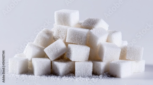 A pile of sugar cubes loosely scattered across white background