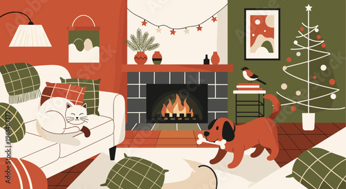 Cozy living room with Christmas tree and fireplace.