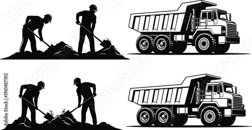 Black silhouette collection of construction workers digging soil with shovels and heavy dump trucks for earthmoving operations on white background