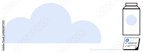 Giant cloud with milk carton and document representing digital storage, resource sharing, sustainability, innovation, cloud services, technology transformation, and eco-friendly computing in a simple