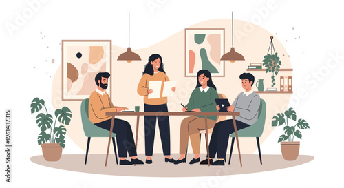 Four people sitting at a table in a modern room with plants.