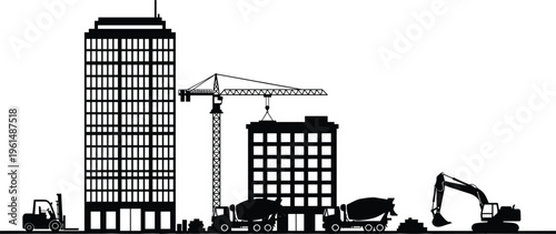 Black silhouette of construction site with crane building skyscraper excavator cement mixer trucks and forklift on white background for industrial design