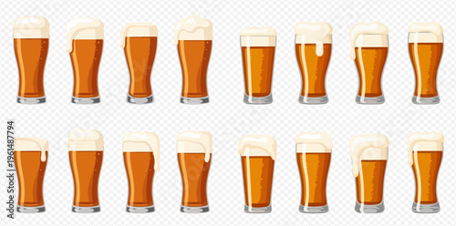 Collection of various beer glasses filled with golden ale and frothy white foam on a transparent background.