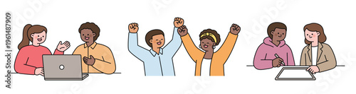 Two friends are working on a group project together and celebrating their success. Friends of various races. Cute character with a round face. Upper body illustration.