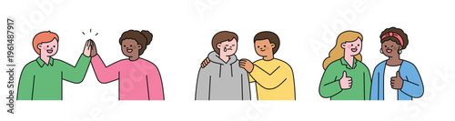 Two friends are high-fiving, comforting each other, and giving a thumbs up. Friends of various races. Cute character with a round face. Upper body illustration.