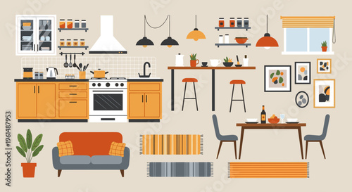 A colorful illustration of a modern living room and kitchen interior.