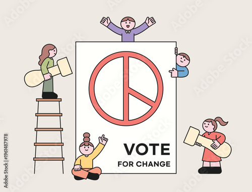 South Korean elections. Cute characters are gathered around a large ballot paper, holding stamps.