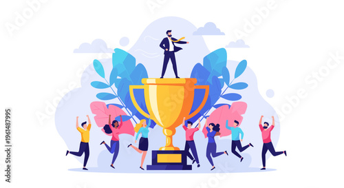 People celebrating with a trophy winner.