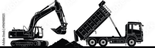 Black silhouette of heavy construction machinery featuring a hydraulic excavator and a dump truck unloading soil on a white background