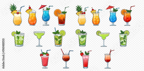 Set of colorful refreshing summer cocktails and drinks with various garnishes, perfect for parties and celebrations.