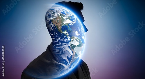 Human silhouette with earth globe overlay