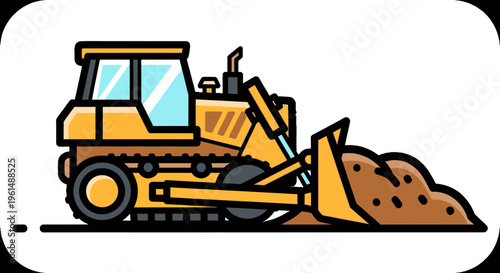 Bulldozer pushing brown dirt forward.