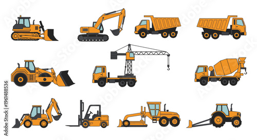 Collection of heavy construction vehicles.