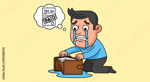 vector illustration of A man's struggle with financial difficulties, visualized through a thought bubble showing a tax bill and an empty wallet