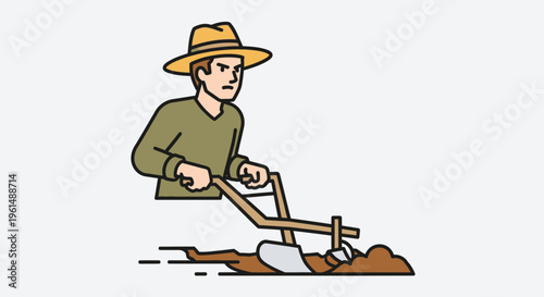 Man plowing soil with shovel outdoors.