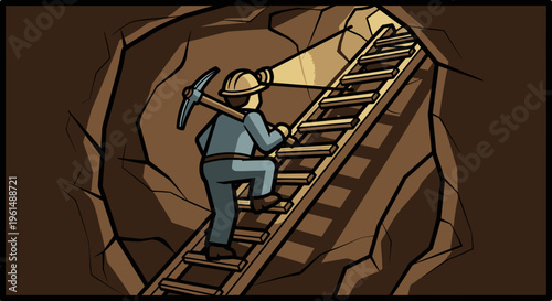 Man climbing ladder in mine shaft.