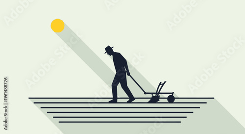 Man pushing lawn mower on striped surface.