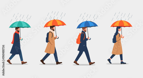 People walking with colorful umbrellas on rainy days.