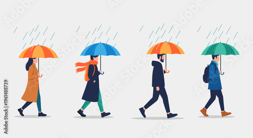 People walking with colorful umbrellas on rainy day.