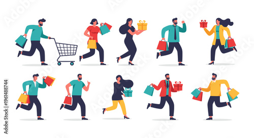 People running with shopping bags and cart.