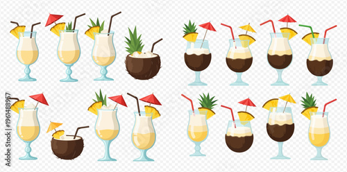 Set of tropical cocktails including pina colada and mudslide drinks in various glasses and coconut shells, decorated with pineapple and umbrellas.