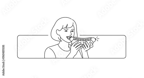 Joyful illustration of a happy woman eagerly biting into a delicious classic hot dog with toppings