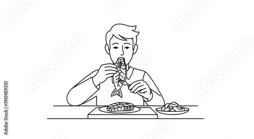Man enjoying a healthy seafood meal, savoring fresh fish during his dinner, promoting balanced