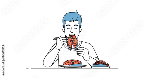 Healthy Eating: A Man Enjoying a Delicious Salmon Steak with Chopsticks for a Balanced Diet and