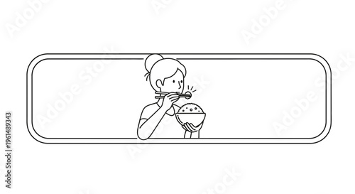 Minimalist line art illustration of a woman enjoying a meal with chopsticks and a bowl of rice a